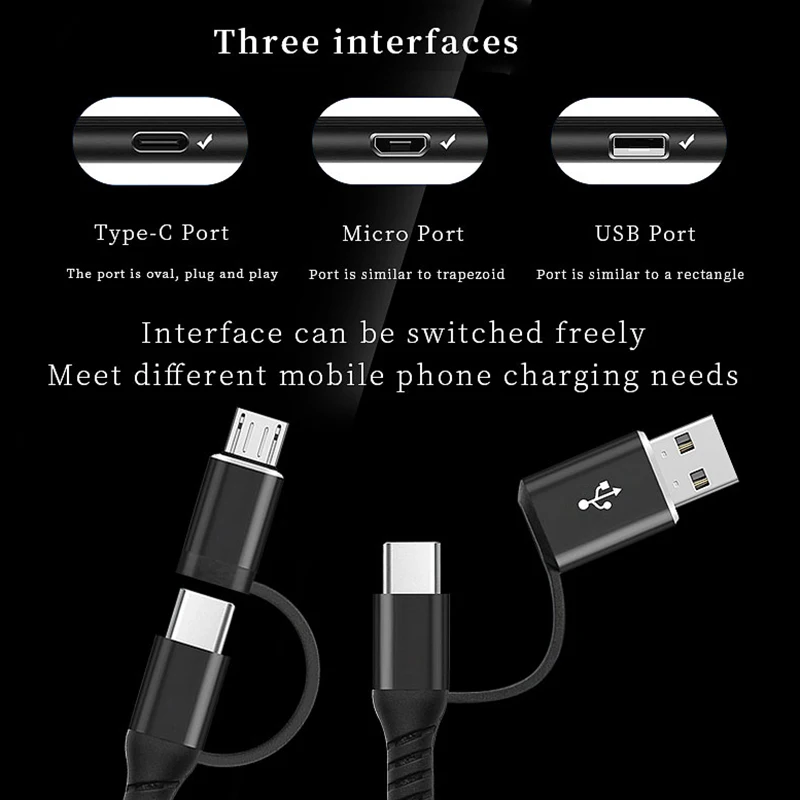 Cabo Multi Carregador para Samsung, Xiaomi, Huawei, iPhone 14, 13, Tipo-C, Carregamento Rápido, Micro USB, Tipo-C, PD, 60W, 4 em 1