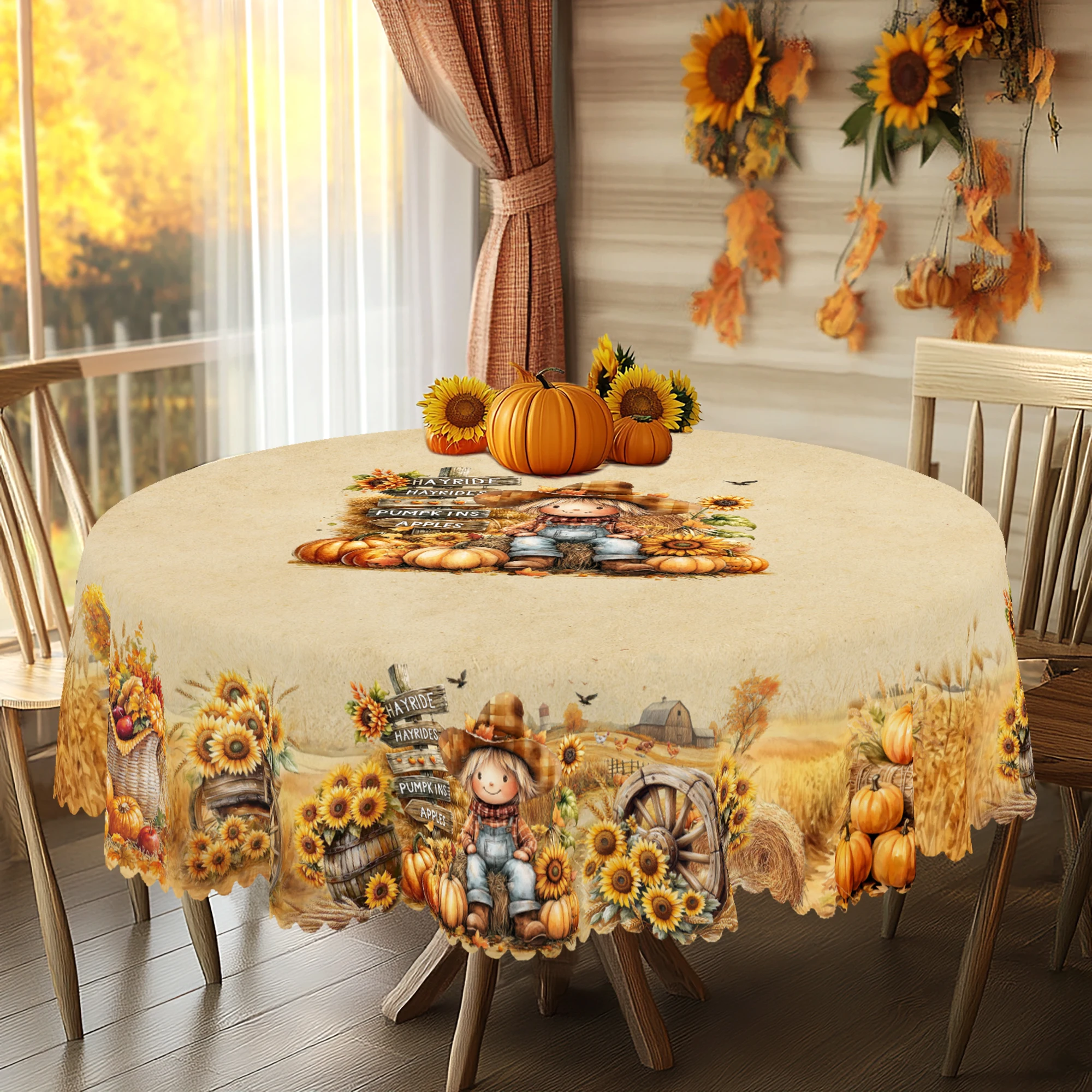 1 Piece Thanksgiving Round and Square Tablecloth, 4 Sizes, Autum Farmhouse Scarecrow Pumpkin and Wheat Ear Tablecloth, Edge Embossing Process, Suitable for Home Kitchen, Terrace Use, Gifts