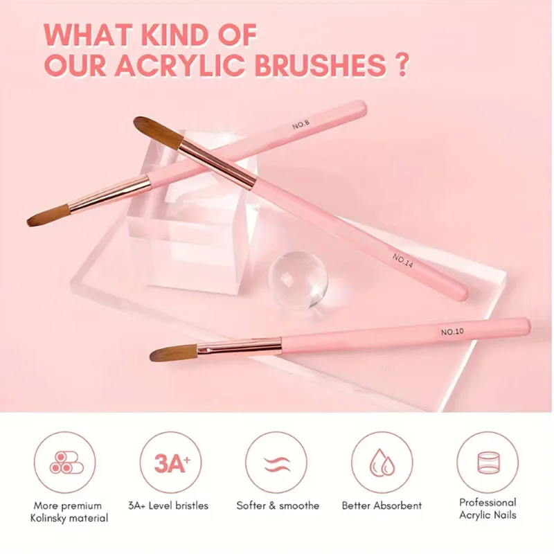 3pcs Pink Handle Acrylic Nail Brushes Professional Crystal Powder Extension Carving Tool 8/10/14 Beginner Manicure Salon Brush