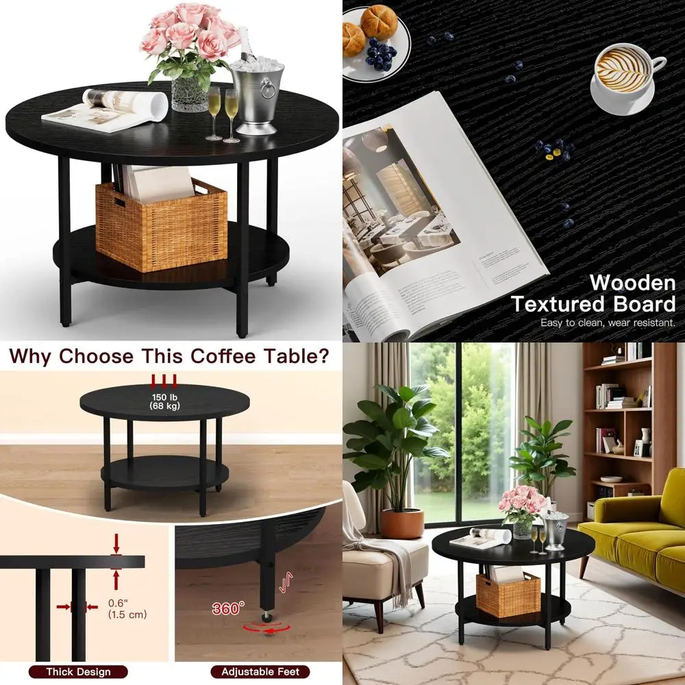 

Round 2-Tier Coffee Table with Storage, 27.6 Diameter, Black Wood Accent for Living Room & Home Office
