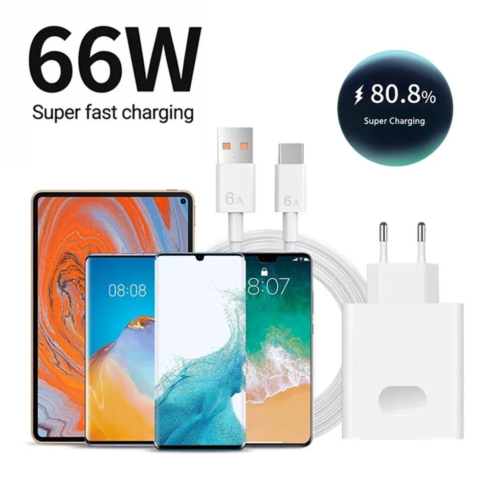 66W USB Charger Fast Quick Charging EU/US Plug Mobile Phone Wall Charger 6A Type C Cable For Xiaomi 15 Huawei Mate 50 60 Honor