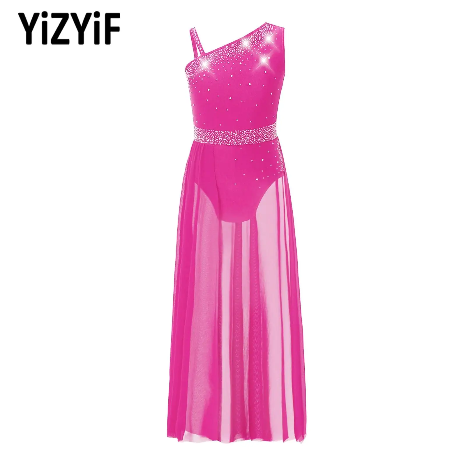 

Ballet Leotard Dress for Girls Kids Lyrical Modern Dance Performance Costume Sleeveless Rhinestones Mesh Splice Skirted Leotards