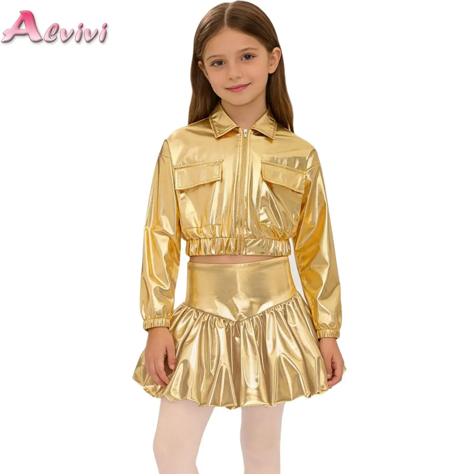 

Big Girls Metallic Shiny Jazz Hip Hop Dance Outfit Long Sleeve Crop Top with Bubble Skirt for Cheerleading Stage Performance
