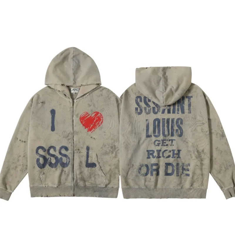 SSSAINT LOUIS Doodle-style heart distressed denim long-sleeved zipper hoodie with hood casual coat trendy