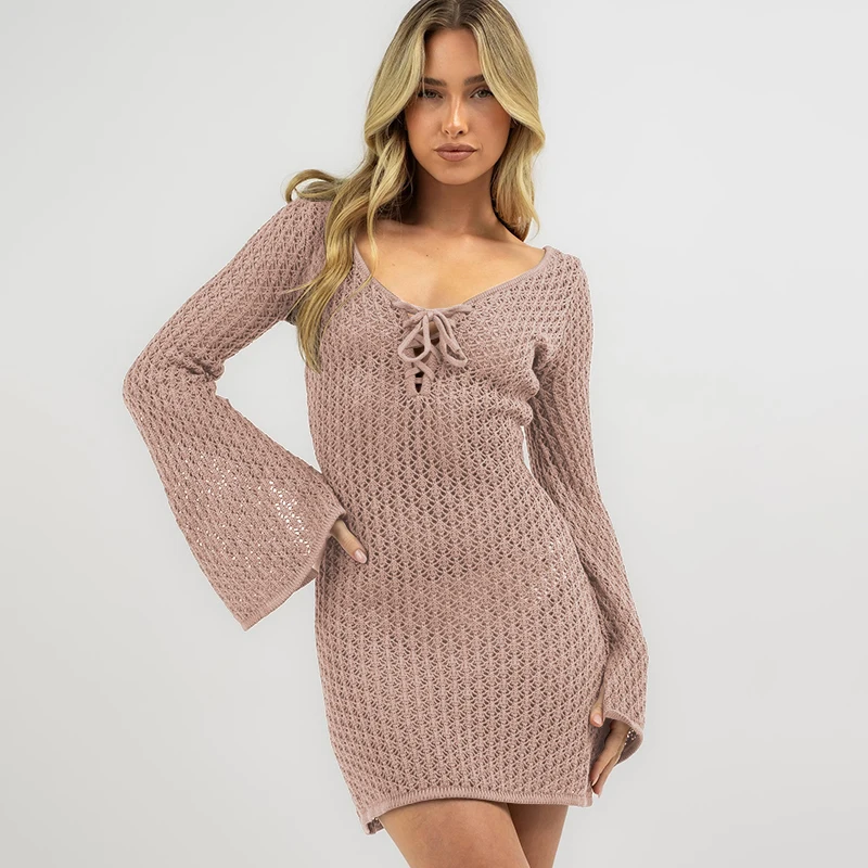 hirigin Women Crochet Cover Up Dress Summer Long Sleeve Hollow Out Knit Mini Dress Sexy V Neck Backless Swimsuit Beach Dress