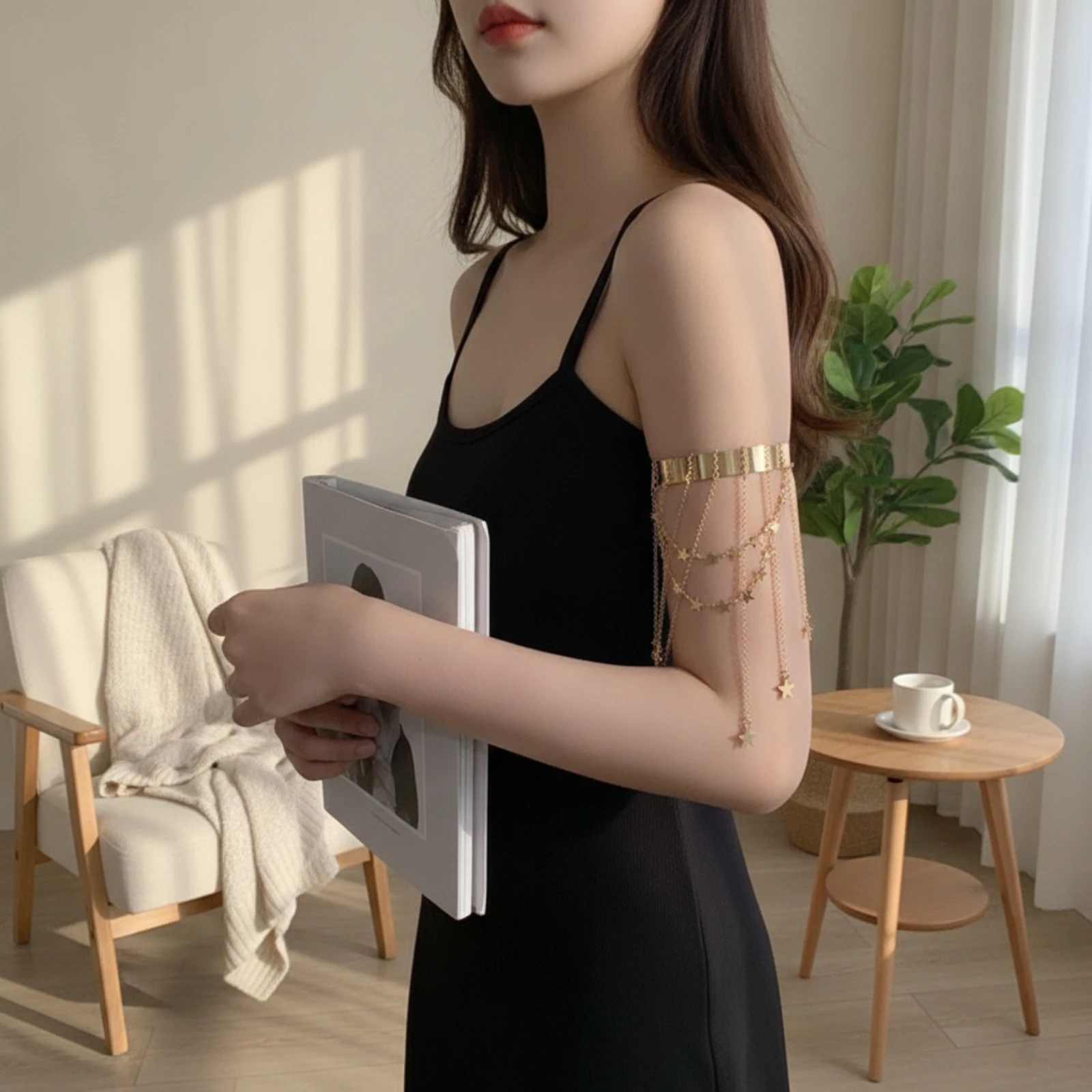 Cuff Bracelet with Chains Dangling Upper Arm Cuff Upper Arm Bracelet Layered Jewelry Adjustable for Women, Festivals, Parties