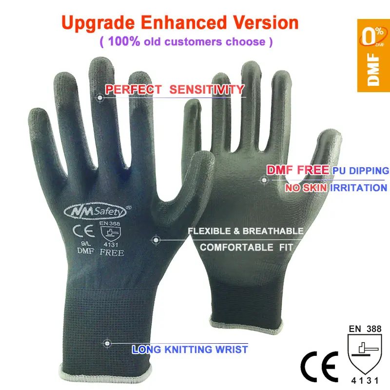 24Pieces/12 Pairs Safety Working Gloves Black Pu Nylon Cotton Glove Industrial Protective Work Gloves NMSafety Brand Supplier