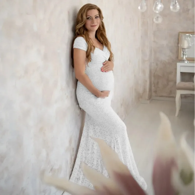 

European & American Maternity Lace Photography Dress - Short Sleeve Maxi Gown with Train & Flutter Sleeves Pregnancy Women
