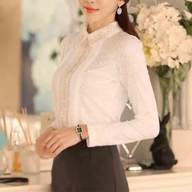 Office Lady Fashion Slim Lace T-shirt Spring Autumn New Female Clothing Tees Doll Neck Solid Casual Elegant Long Sleeve Tops