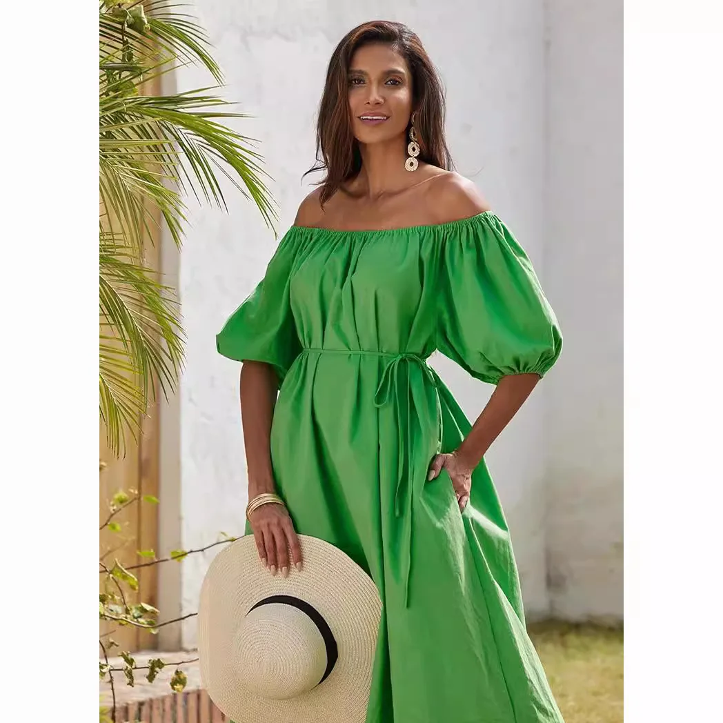 Fashionable Women\'s Green Lace Up Dress French Casual Lazy Style Bubble Sleeves Slanted Shoulder Short Sleeved Elegant Dress