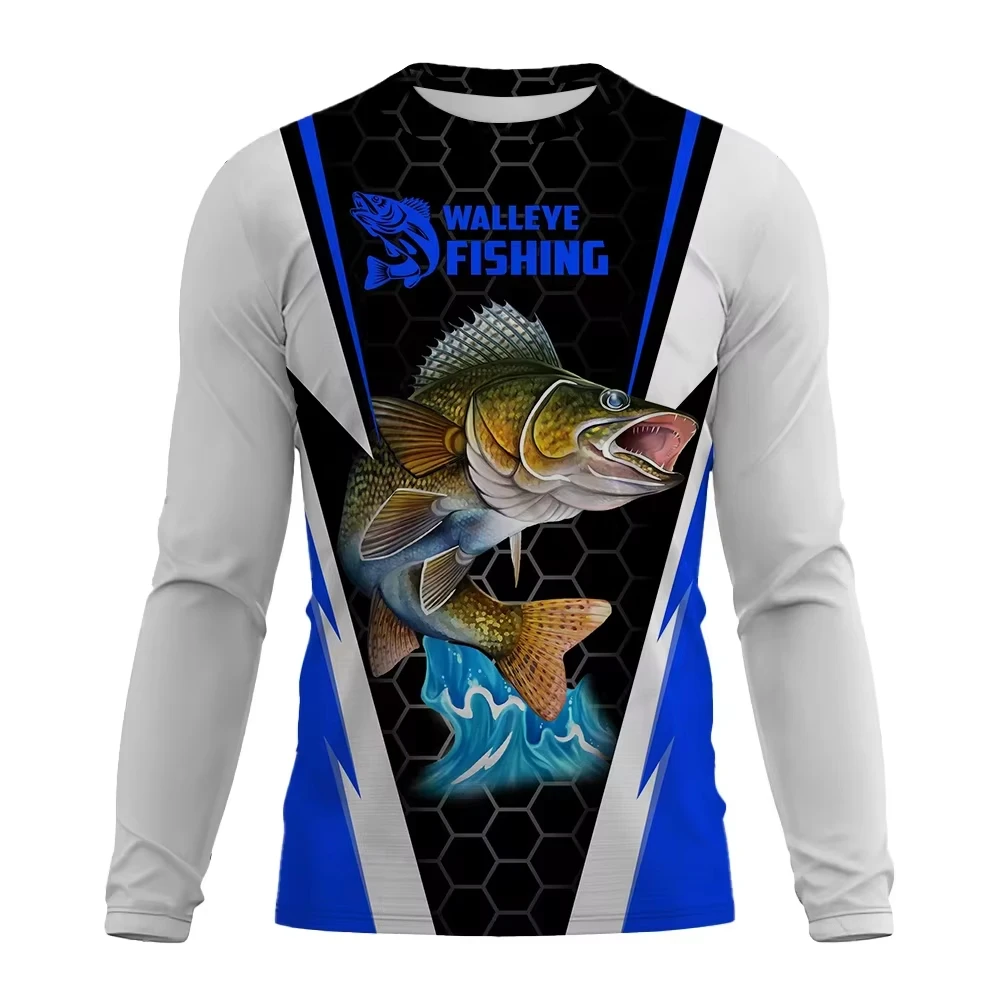 Men Long Sleeve Fishing Shirt Bass Fish Full Print Quick Dry Breathable Outdoor Sun Protection Fishing Jersey Angler Sports Top
