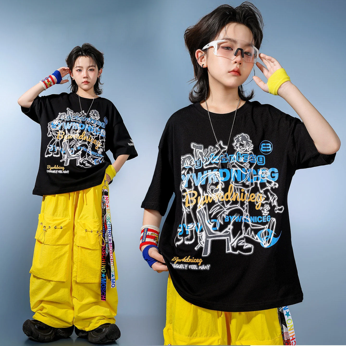 Kid Kpop Hip Hop Clothing Black Letters Print T Shirt Yellow Casual Wide Cargo Pants for Girl Boy Street Dance Costumes Clothes