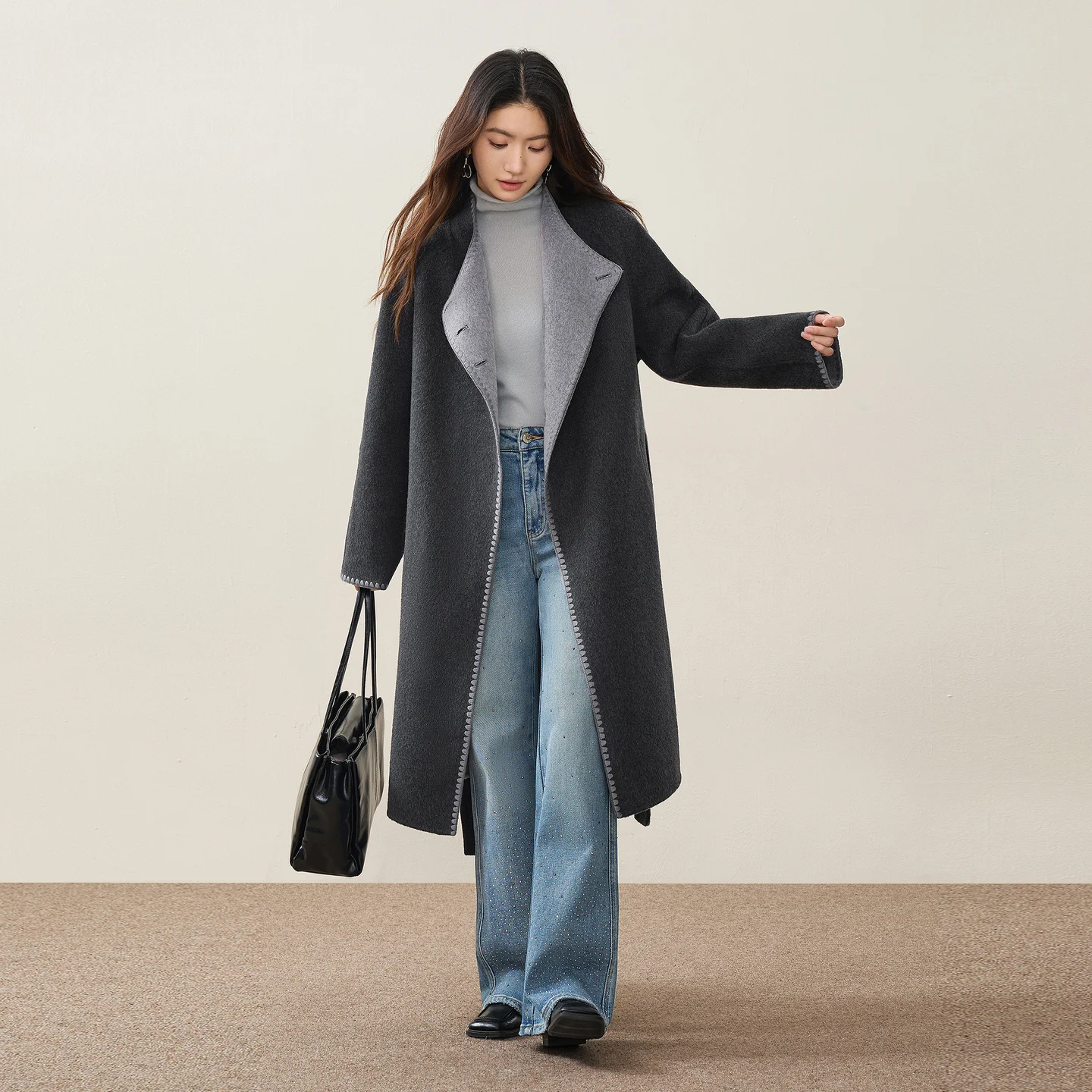 SENTUBILA Women's Luxury Wool Coat 2026 Winter Double Faced Wool Lapel Overcoat Detachable Belt Thick Warm Outerwear W64OC7680