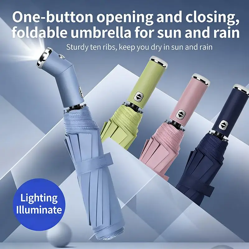 Fully Automatic Three Fold Umbrella Rotatable LED Flashlight Business Wind Resistant Folding Umbrella Sunny Umbrella