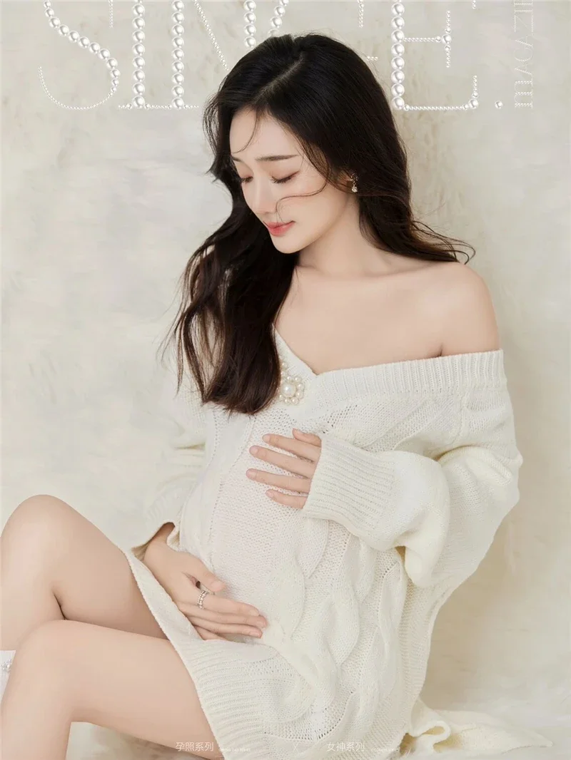 Women Photography White Elegant Knitted V-neck Full Sleeves Maternity Sweater Dresses Pregnancy Studio Photo Clothes view 6