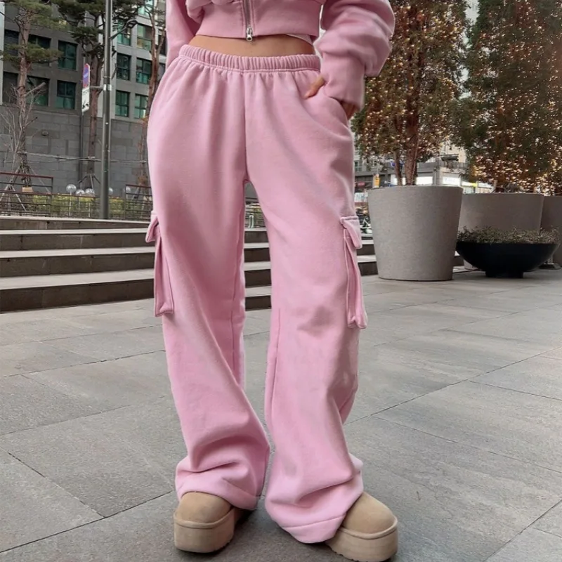 

Side Pockets Straight Wide Leg Sweatpants Female Vintage Casual Loose Solid Colors Fleece Cargo Pants Women Streetwear Trousers