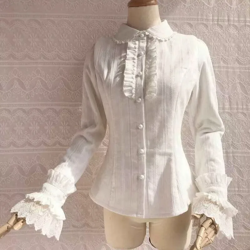 

Spring and Autumn New Girl Lotus Edge Lolita Long Sleeve Jacquard Shirts Japanese Style Lolita White Shirt Blouse Women Y2k Tops
