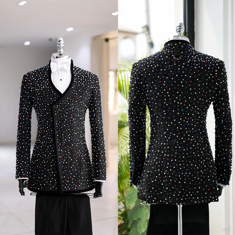 Bunte Kristalle Herrenanzüge Set 2-teilig Blazer + Hose Hose Schwarz Hochzeit Smoking Formal Büro Baumwolle Männlich Bräutigam Prom Jacke Mantel