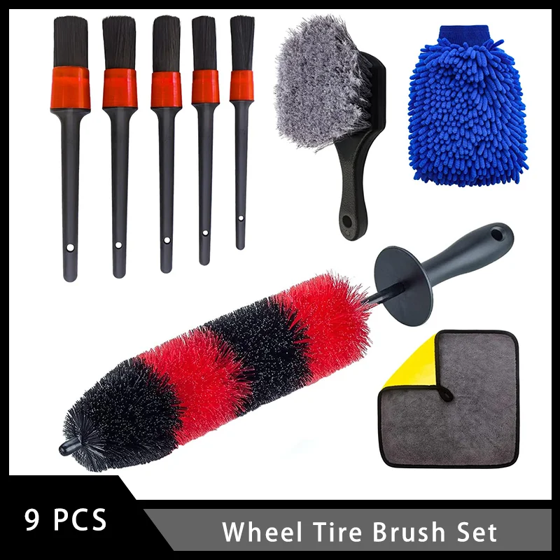 Wheel Tire Brush Set 9 Pcs with Bristle Wheel Brush Short Handle Tire Brush Detail Brush for Cleaning Car Interior and Exterior