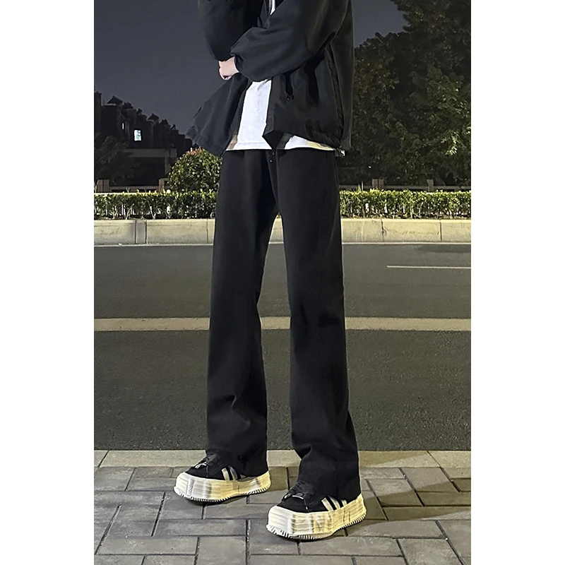 

Черные прямые джинсы для мужчин, весенне-осенние, в стиле High Street, модные, свободного кроя, длинные брюки, износостойкие, для подростков