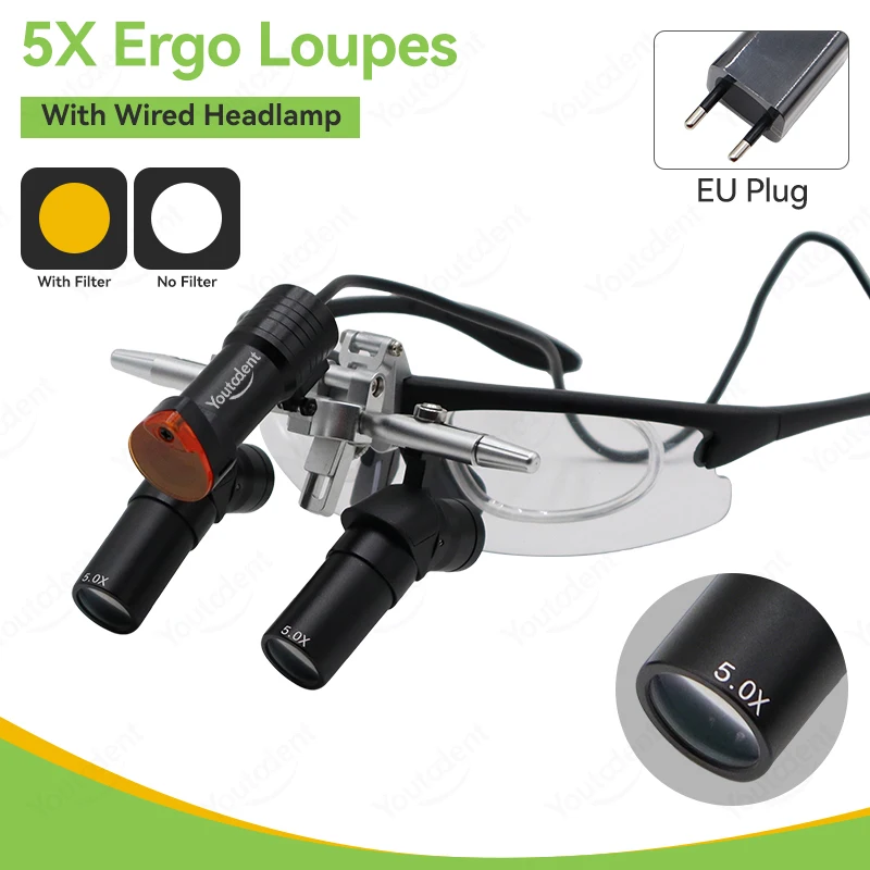 Ergo Optische Tandheelkundige Loep 48 °   Met 5W LED-licht 4X 5X 6X Opklapbare operatie-loepen Hoekstructuur Parallel zichtveld
