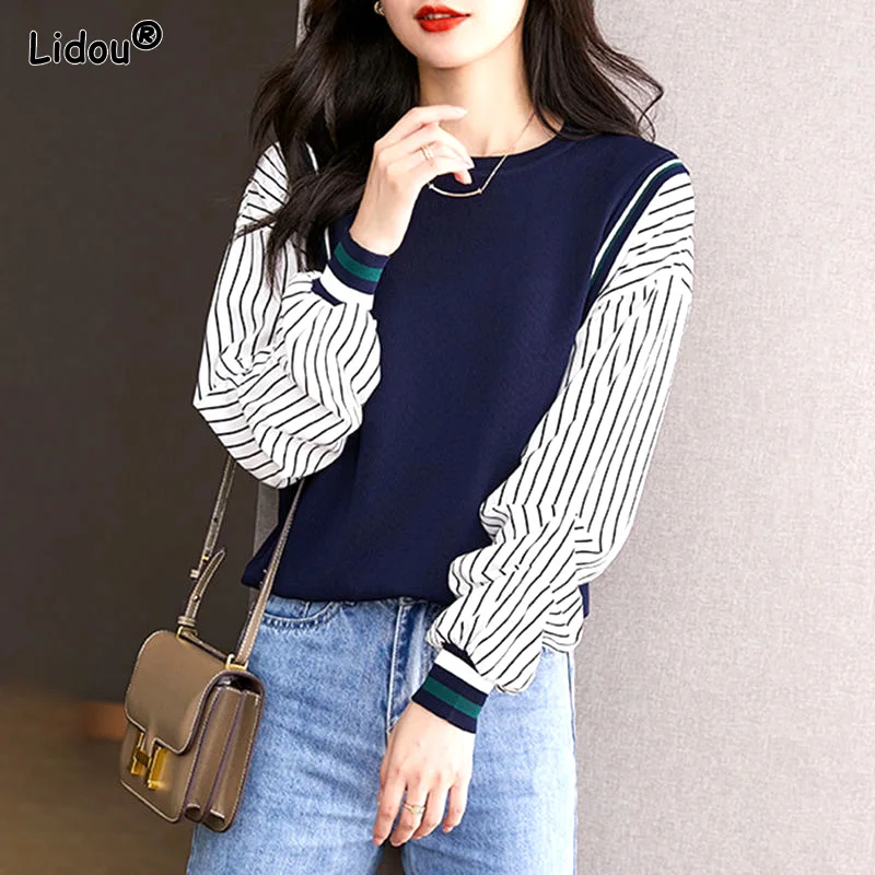 Thin Autumn Winter Striped Creative Patchwork Bottoming Fashion Simplicity Temperament Pullovers Women's Clothing 2022 Casual