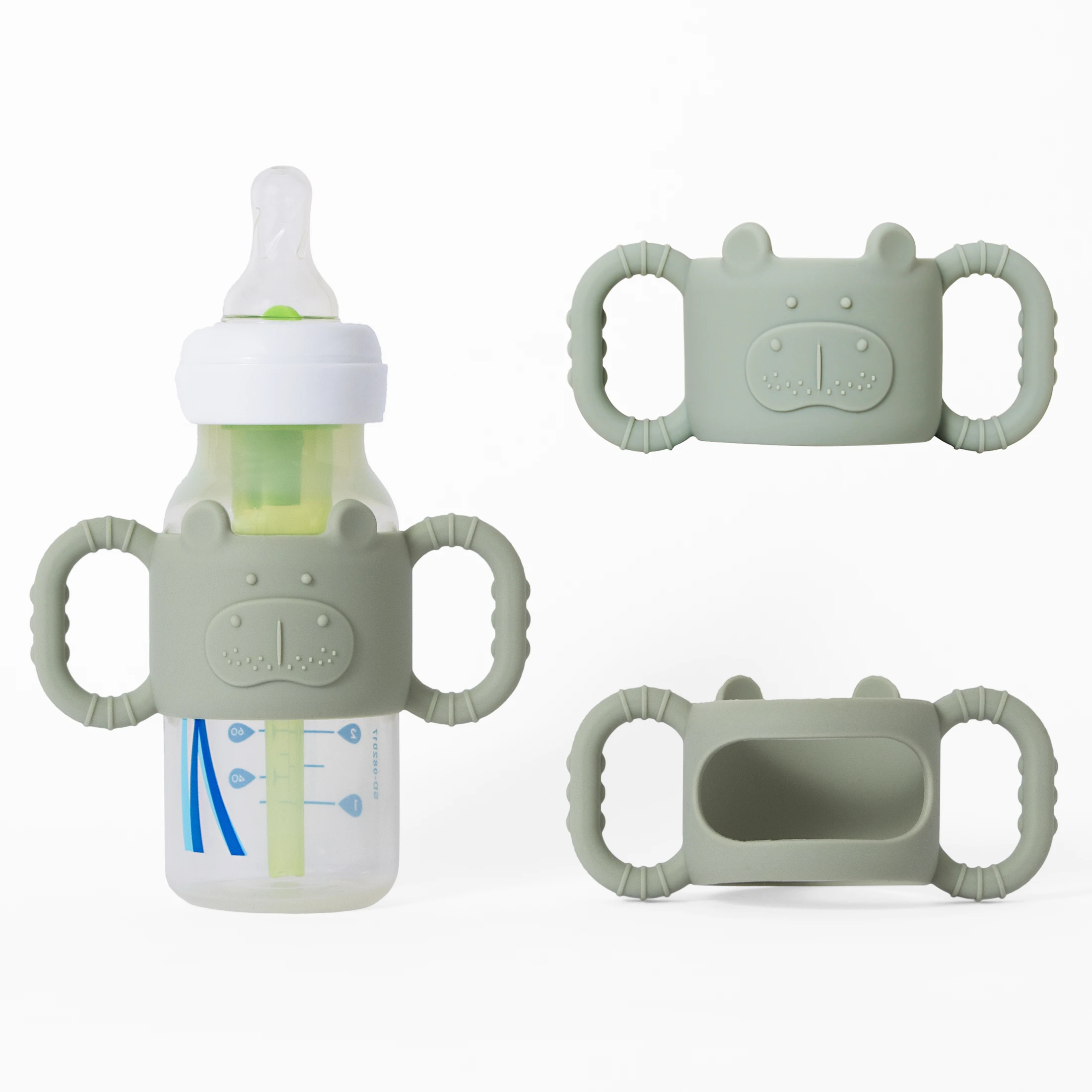 1pc Silicone Handles For Baby Bottles, Cute Hippo Narrow Straw Bottle Holder, Suitable For Most Standard Baby Bottles (Green)