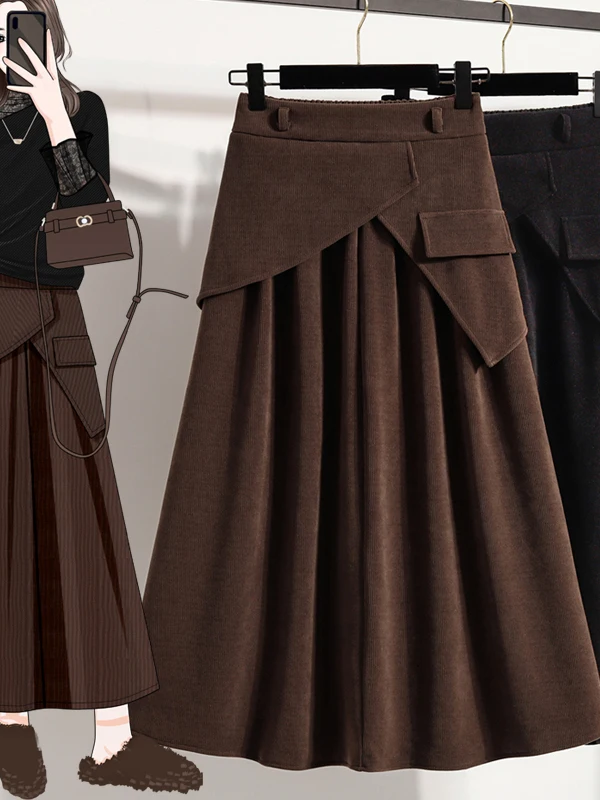 True Fit Elastic Waist Mid-Length Knitted A-Line Skirt Base Layer plus Size Slimming Half Body Skirt Commute Style Embroidery
