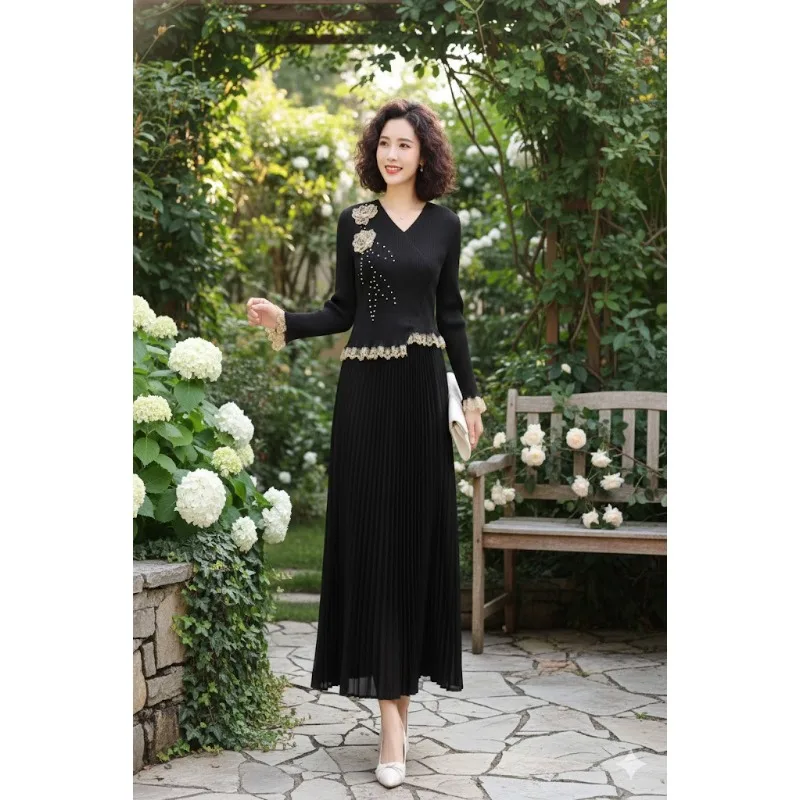 Miyake Pleated Plus Size Dresses Plisse 2026 Spring New Loose Beaded Three-dimensional Flowers Temperament Elegant Long Skirt