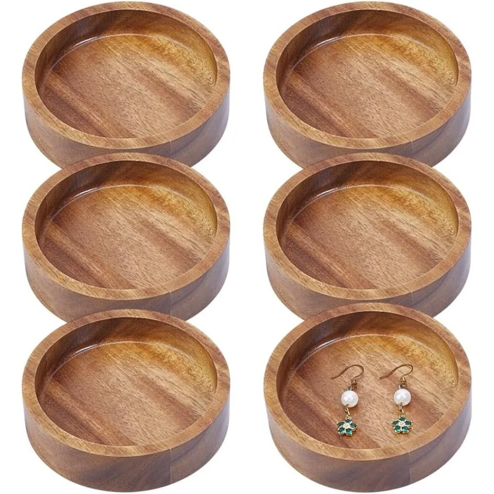 6 Pcs Round Wood Ring Tray 3.9Inch Acacia Wood Decorative Jewelry Tray Small Tiny Bathroom Vanity Trays for Necklace Bracelet