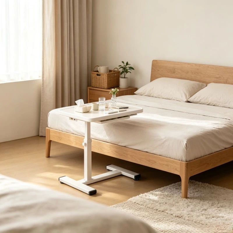Mobile Hospital Bedside Table, Adjustable Folding Overbed Desk with Wheels, Heavy-duty Trolley Stand for Patient Recovery.
