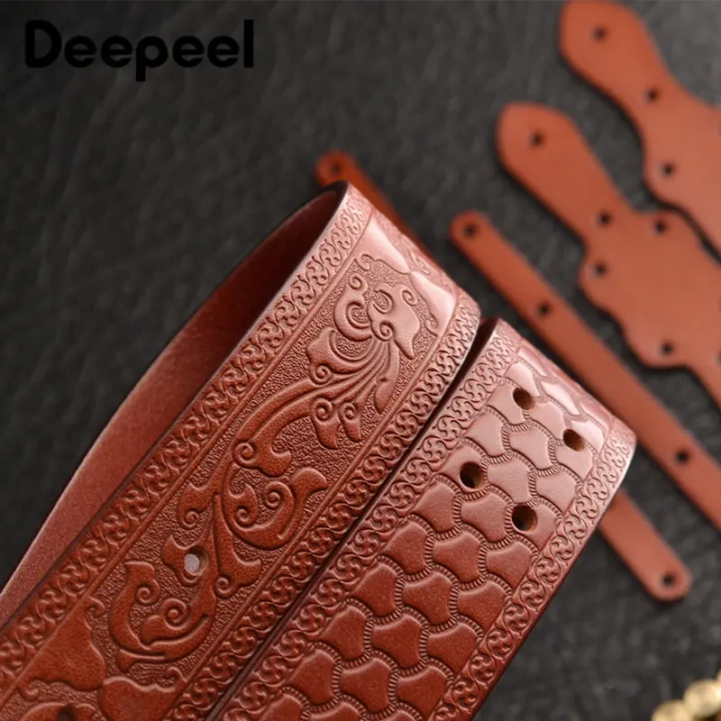 1Pc Deepeel3.8cm Pure Cowhide Men\'s Belts Copper Screws Buckle for Embossed Genuine Leather Waistband Male Retro Belt with Jeans