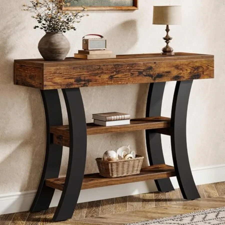 

41, небольшой консольный столик для прихожей, 3-уровневый диван-стол в деревенском стиле с полками для хранения и изогнутой рамой для гостиной, прихожей