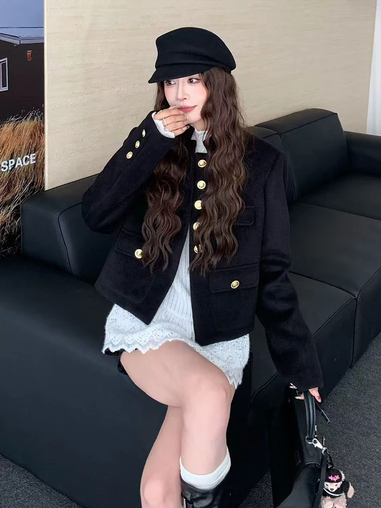 

Black V Neck Crop Coats Women Y2K Korean Elegant Hepburn Style Casual Jacket Harajuku Single Breasted All Match Outerwear Mujer