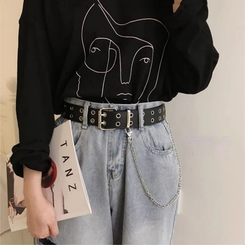 Double Hole Jeans Belt Versatile Y2k Punk Belt Pu Leather Belt Riveted For Dresses Party Male