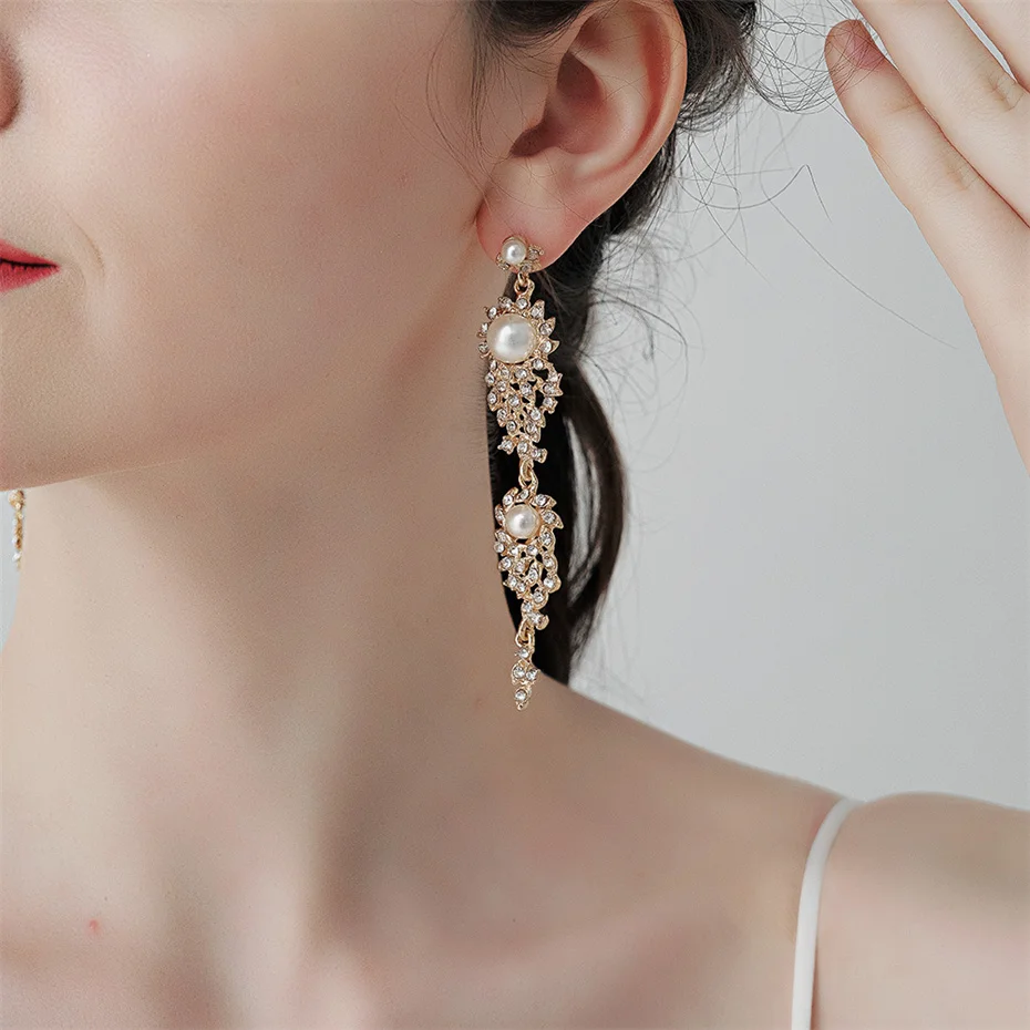 Efily Luxury Bridal Rhinestone Earrings Long Clear Crystal Dangle Drop Earrings Wedding Accessories Party Jewelry for Women Gift