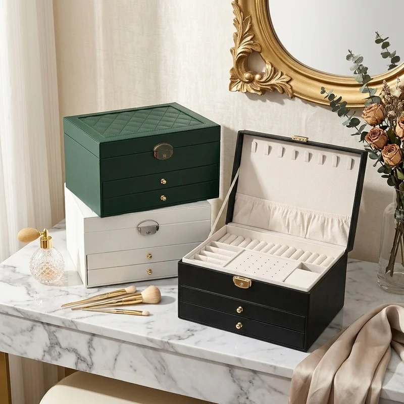 Multi-Layer Drawer Jewelry Box, Large Capacity Earring Ring Necklace Bracelet Storage Organizer with Premium Oxidation Finish