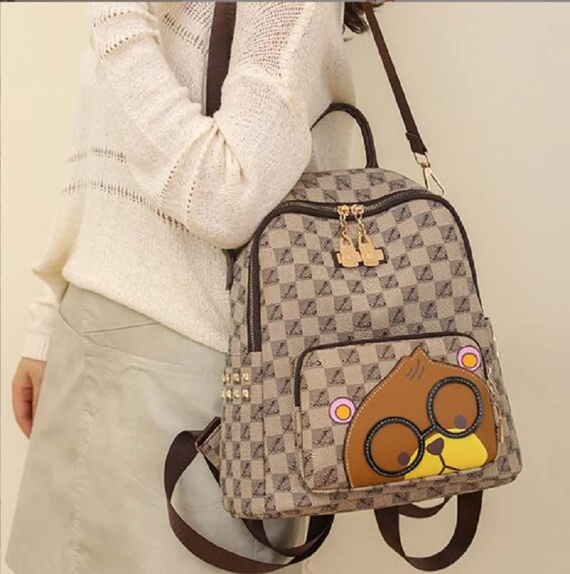 New Fashion Printed Plaid Leather Backpack Women Large Capacity Travel Shoulder Bags School Bag Casual Cartoon Backpacks Totes