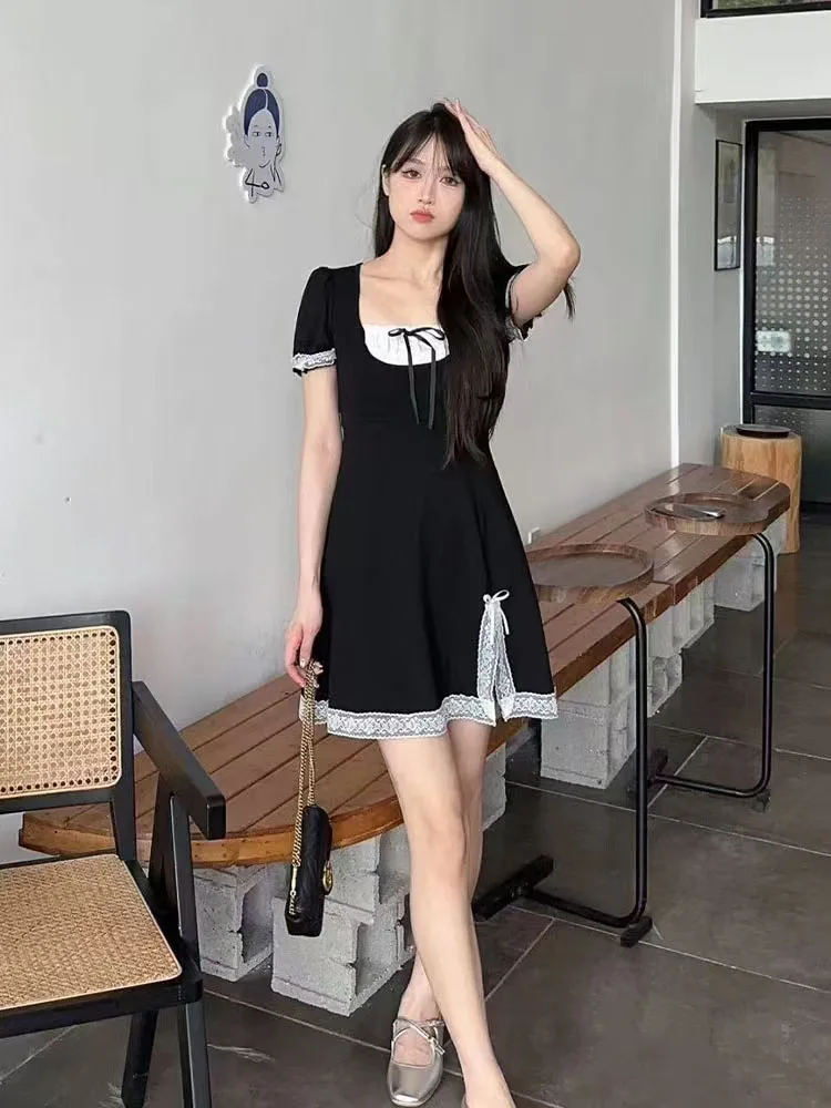 2000s Clothes Y2k Party Dresses Woman Punk Hottie Lace Bow Sweet Short Dress Harajuku Korean 2024 Summer Goth Short sleeve Skirt