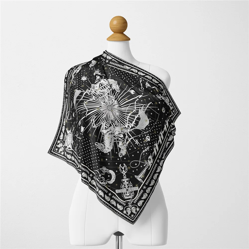 53CM Twill Silk Scarf Woman Geometric Painting Square Scarves Wraps Bandana Small Hijab Silk Foulards Tie Headband Neckerchief