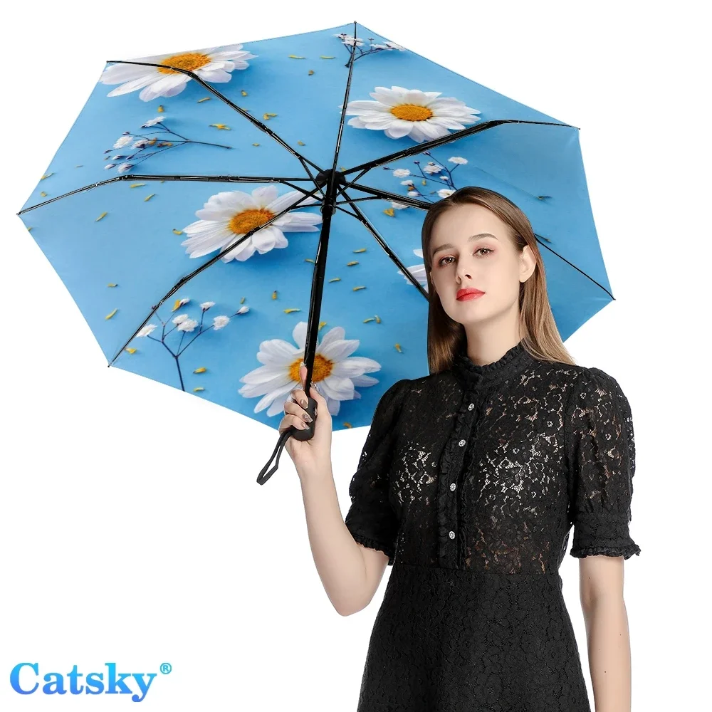 Daisy Flower Female Folding Umbrella Windproof Sunscreen Men Anti-UV Fashion Portable Gift Travel Outdoor Umbrella