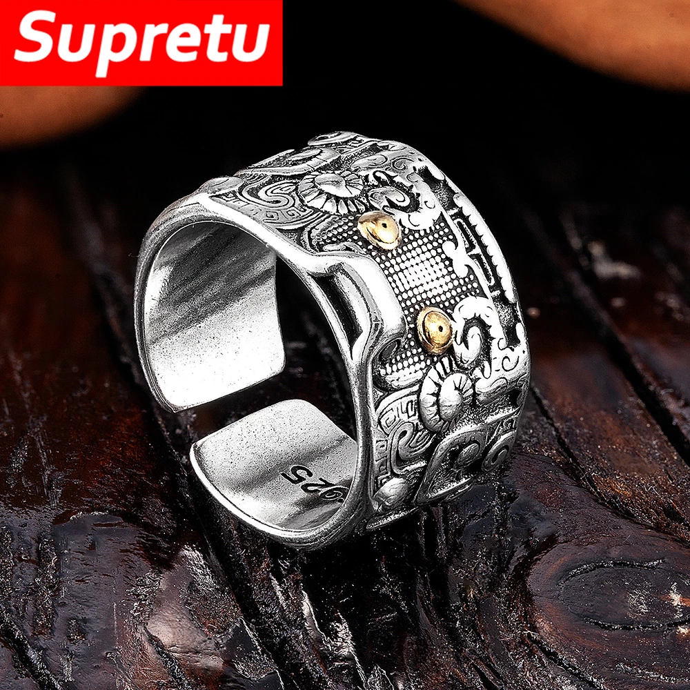 빈티지 중국어 신화 야수 부적 반지 남성 여성 실버 색상 조절 개방 반지 부를 가져다 행운의 보석 도매