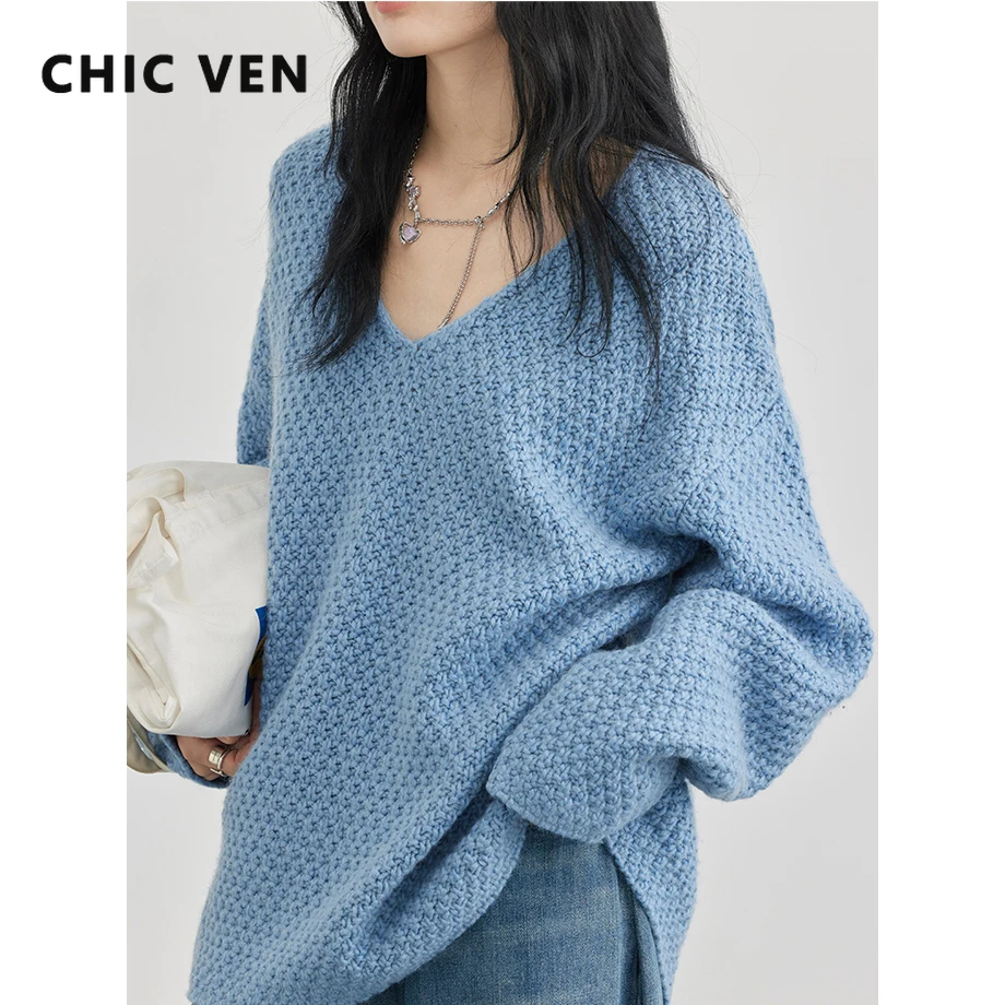 CHIC VEN Women\'s Sweaters Loose V-neck Jumpers Long Sleeve Pullover Female Coat Woman Clothing Spring Autumn 2023