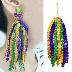 2025Carnival Shiny Glitter Beads Hoop Earrings For Women Carnival Purple Green Yellow Mask Glitter Tassel Feather Long Earrings