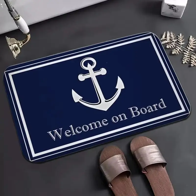 VIKAMA Navy Anchor Doormat Classic Marine Border Letter Print Wear Resistant Floor Mat Indoor Bathroom Beach Apartment Decor