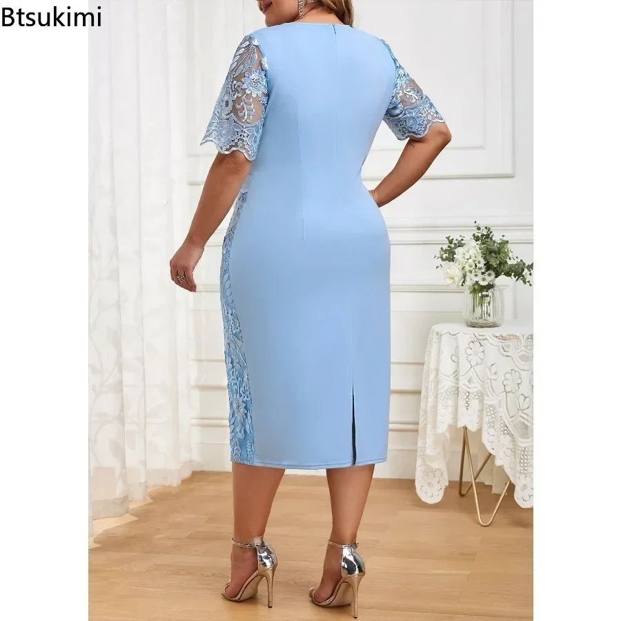 Vestido feminino de renda de manga curta, plus size, slim fit, emendado, gola redonda, casual, elegante, verão, 5XL, novo, 2024