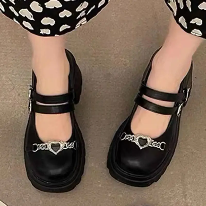 Heart Metal Decoration Womens Mary Janes Pumps String Bead Double Heart Buckle Thick Bottom Shoes Soft Square Heel Lolita Shoes