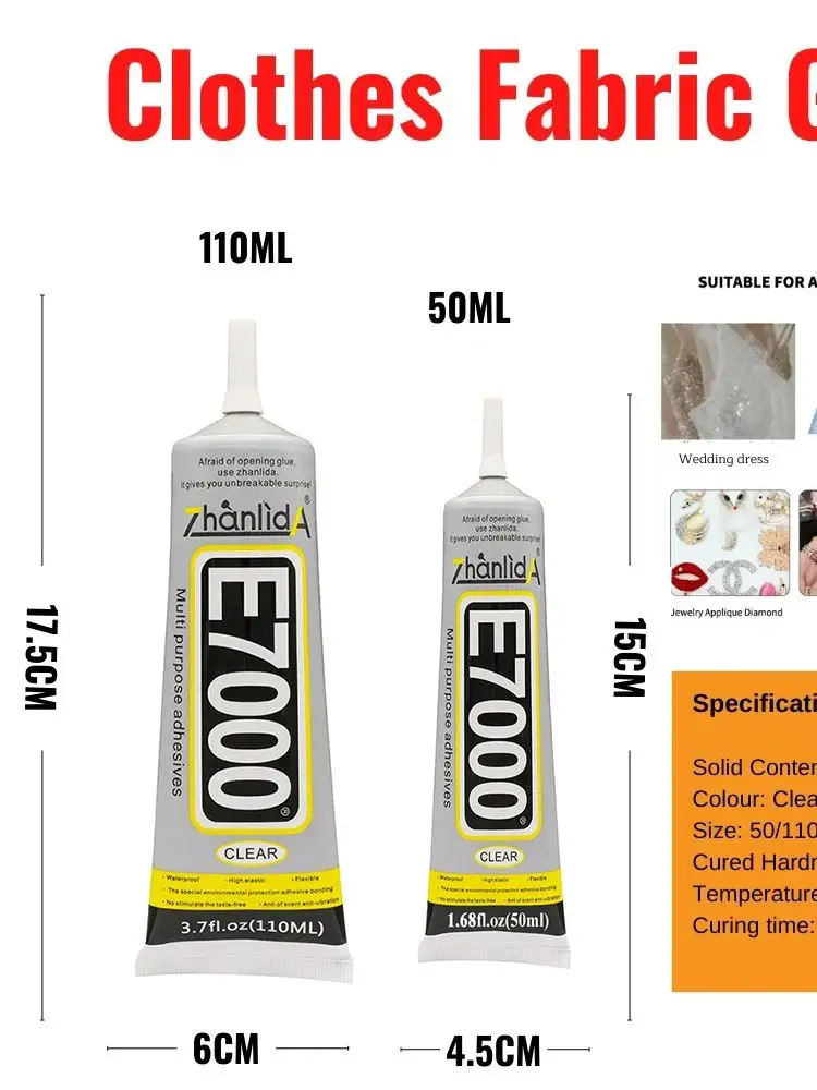 E7000 cola transparente contato diy pano fibra tecido adesivo multiuso para vestido de casamento