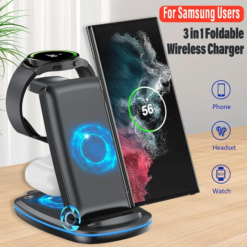 

30W RGB Fodable Wireless Charger Stand Pad for Samsung S23 S22 Galaxy Watch 5 4 Active 2/1 EarBuds 3 in 1 Fast Charging Station