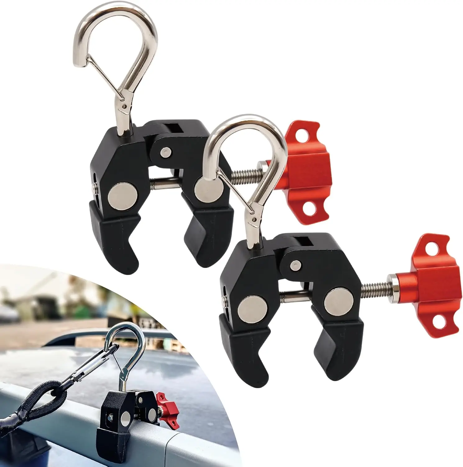 

Car Tent Holder Hooks- Secure Car Roof Mount Camping Hooks with Easy to Install Knob Mechanism & Carabiner Clip- Anchor Awning